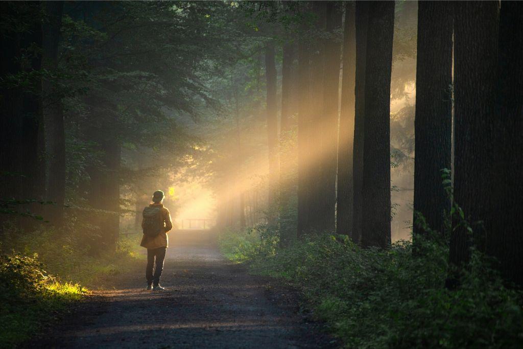 Nainen kävelee metsässä stressittömänä.